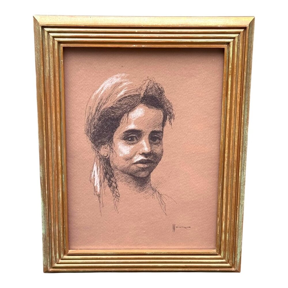 William Weintraub American Israeli Artist Lithograph Print FRAME 15x12 Gold Wood